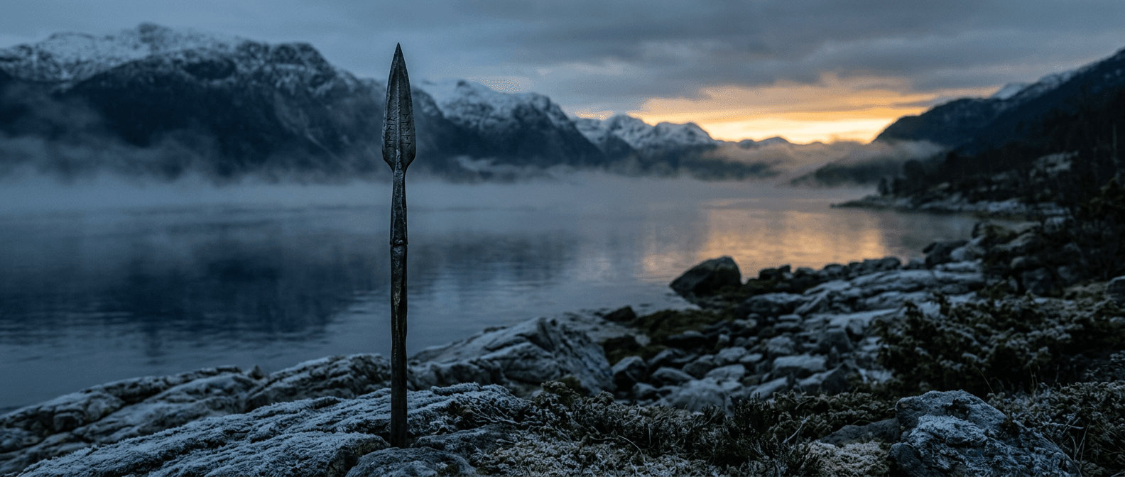 A dark forged iron spear with faint runic engravings planted upright in frosted granite beside a still fjord at dawn
