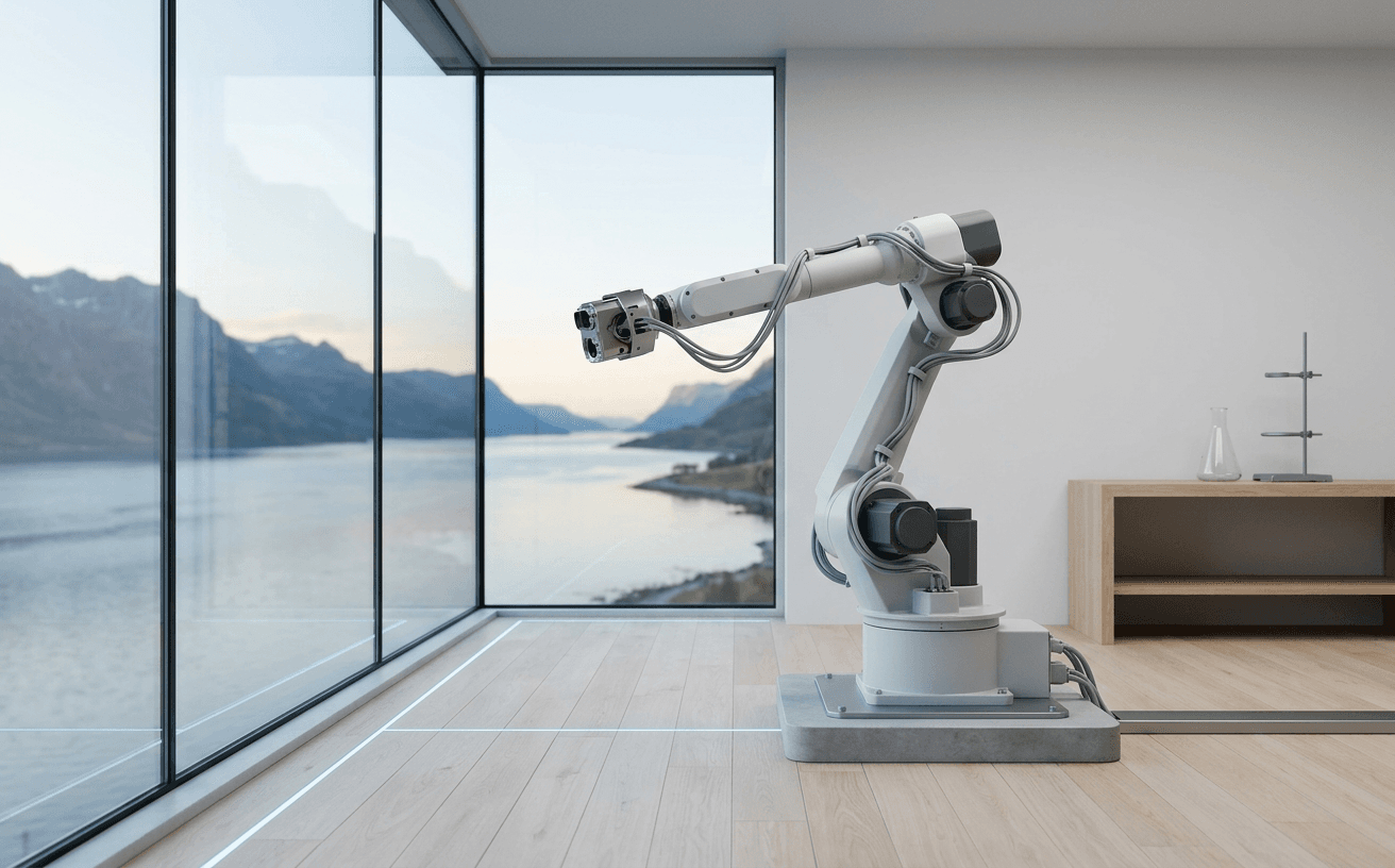 A white robotic arm with a sensor head standing in a bright laboratory beside windows that overlook a Nordic fjord